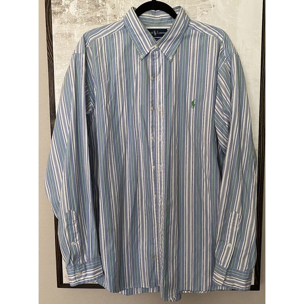 Ralph Lauren Mens Striped Classic Fit Botton Down Shirt Sz XL Blue Green White - Picture 2 of 4